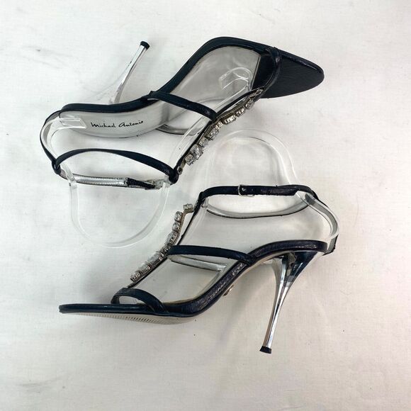 Micheal Antonio Black Rhinestone Womans Sandals Silver Heels Sz 8 Evening Dance - Picture 10 of 13